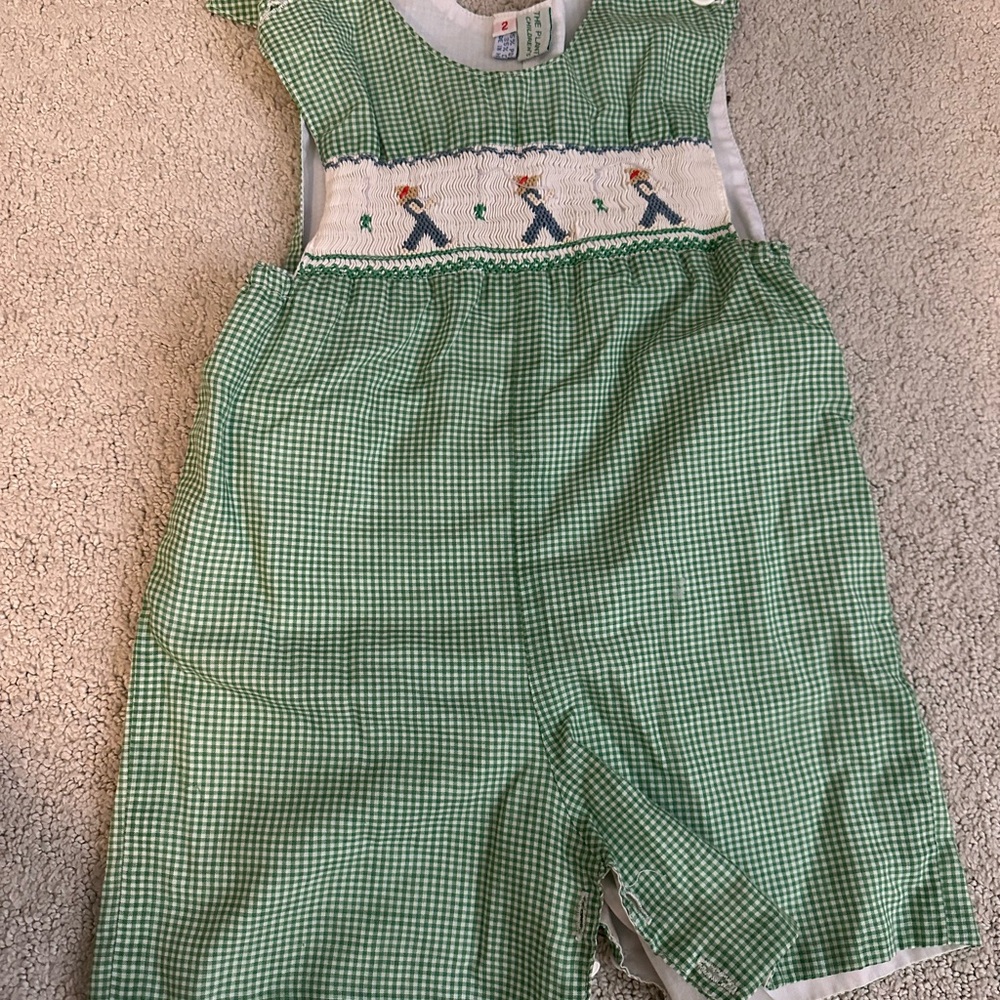 Green Gingham Romper with Embroidered Detail